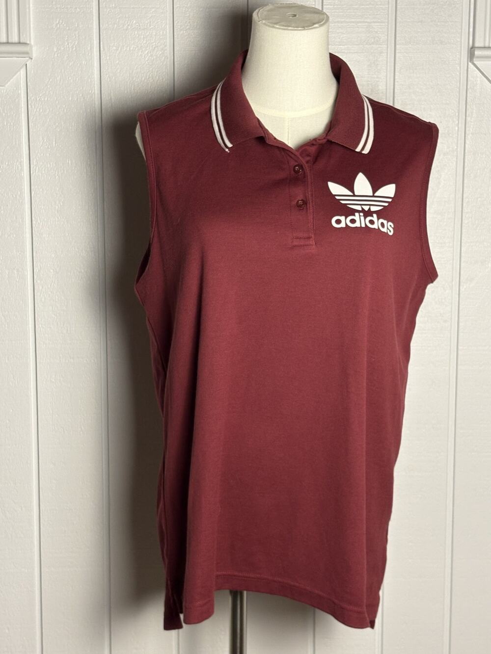Devon & Jones Adidas Trefoil Sleeveless Polo Women L Burgundy Retro Streetwear
